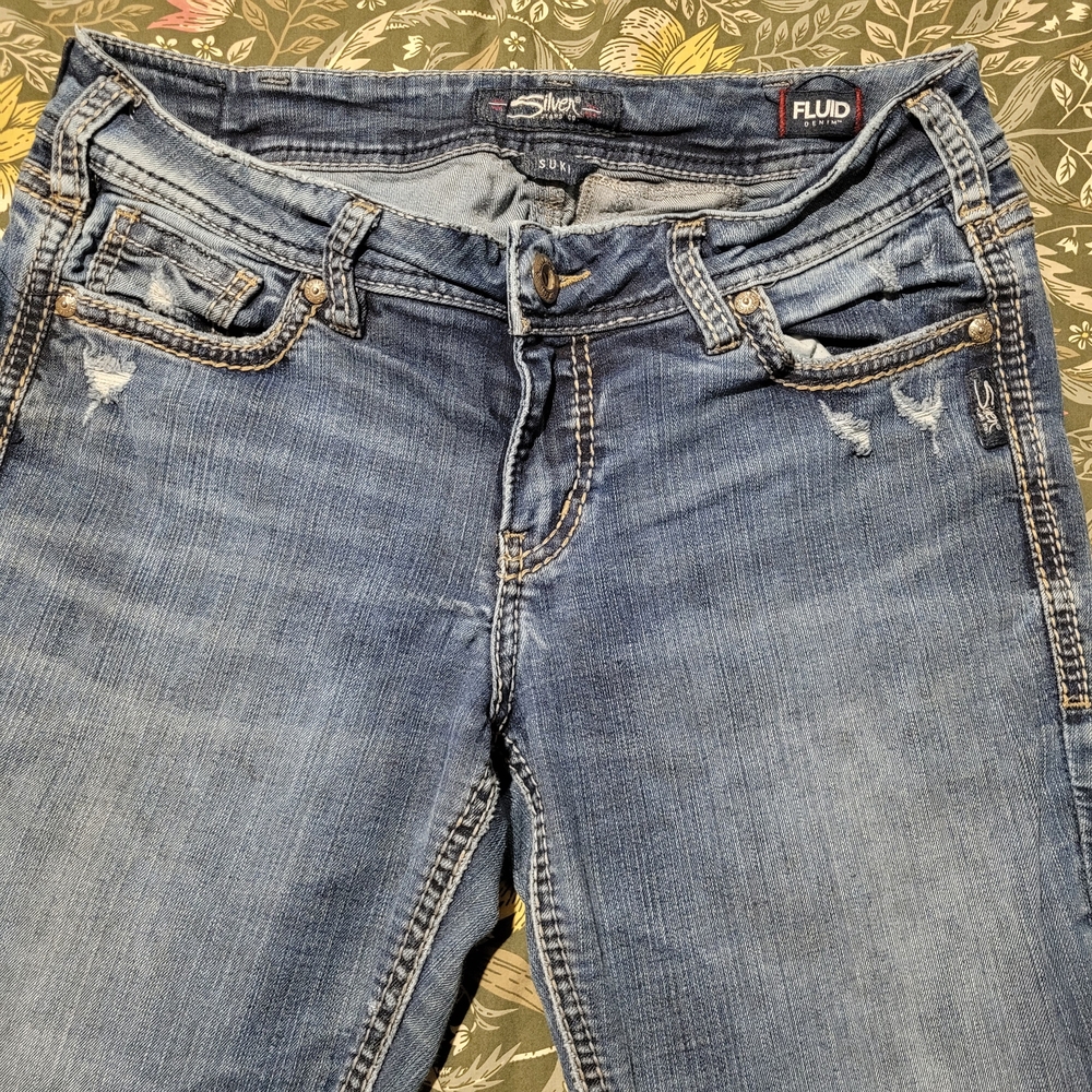 Silver Jeans Women's Suki Mid Rise Distressed Blue Skinny Jeans Size 31 X 31